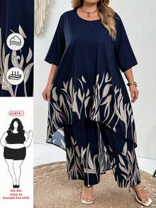 SHEIN CURVE+ 大尺碼女款花卉印花高低下擺上衣與寬腿褲鬆身兩件套 - 彩色 - 查看 1