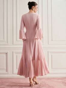 SHEIN Women's Solid Color Button Design Elegant Flare Sleeve Dress Dinner Light Pink Autumn - Beige - View 4