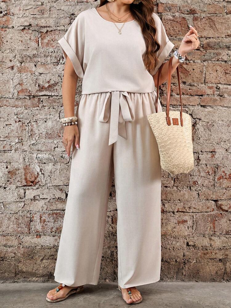 Plus Size Women Casual Solid Color Top & Pants 2 Pieces Set