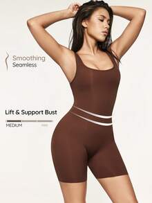 SHAPORA Women's Solid Color Minimalist Bodysuit For Daily Wear - Brown - View 1