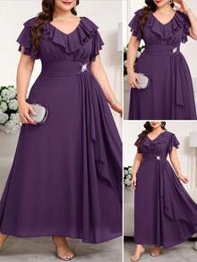 SHEIN Clasi Plus Size Women's Solid Color Ruffle V-Neck Elegant Dress - Purple - View 2