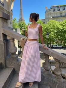 SHEIN Frenchy Women's Striped Square Neck Tank Top And Mini Skirt Casual 2 Pieces Set - Pink - View 9