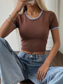 SHEIN EZwear Áo len nữ cổ tròn, phối màu, dáng ôm, kiểu dáng thường ngày. - Cà phê nâu - Xem 9