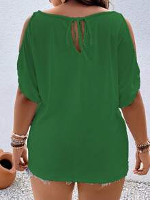 Vionelle Plus Size Women Solid Color Off Shoulder Casual Versatile Daily Wear T-Shirt - Green - View 2