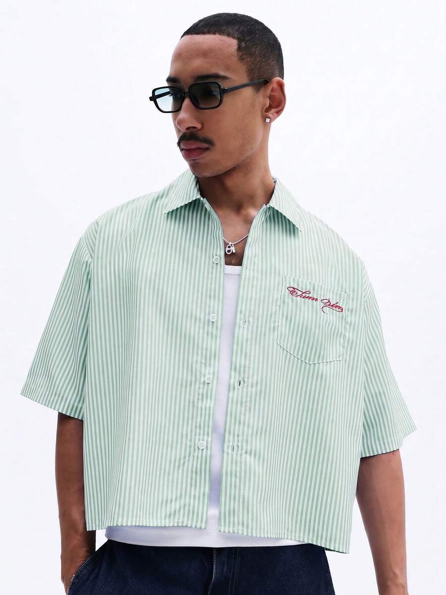 SUMWON Striped Short Sleeve Cropped Button-Up Shirt With Chest Pocket And Script Embroidery Summer Casual - Green - View 1
