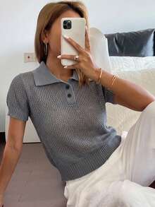DAZY 女款商務休閒 Polo 領短袖針織上衣 夏季 - 灰色 - 查看 4