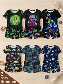[6 pièces/set aléatoire] Pyjamas pour jeunes garçons, nouvelles conceptions à la mode lumineuses pour le printemps/été, incluant des motifs de numéros, dinosaures, voitures, astronautes, planètes, univers. Ensemble de vêtements de nuit ajustés en tricot avec manches courtes élastiques et shorts, 2 pièces Top + 2 pièces bas (expédié de manière aléatoire) - Noir - Voir 5