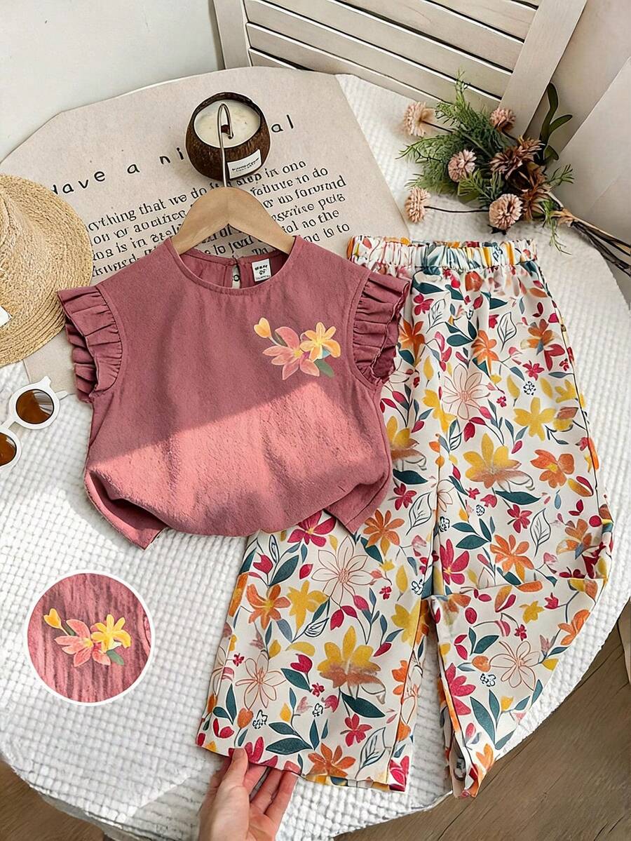 SHEIN 2pcs Young Girl Woven Solid Floral Pattern Round Neck Ruffle Trim Casual Shirt And Pants Set