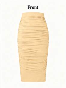 EMERY ROSE Pale Yellow Solid Color Ruched Bodycon Skirt For Women Party Autumn Bandage - Yellow - View 2