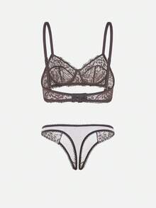 Bella Beso 3pcs/Set Conjunto de sujetador cómodo sin aros con copa fina de encaje para mujer, unicolor para verano para verano - Multicolor - Ver 16