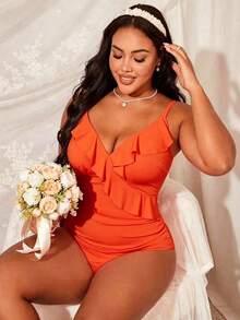 Slaydiva Plus Size Women Solid Color Ruffle Trim One-Piece Swimsuit Beach Vacation Orange Summer Sexy - Yellow - View 3