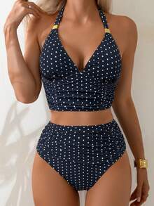 Swim Lushoire 女款夏季海灘度假波點印花掛脖式分體比基尼套裝 - 黑色 - 查看 3