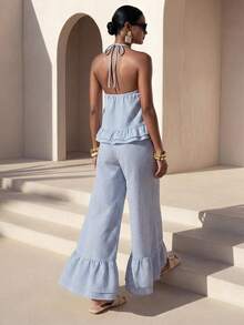 Zivah New Summer Casual Coastal Commuting Loose-Fitting Blue And White Striped V-Neck Halter Neck Tie Ruffled Tank Top + Wide-Leg Pant Two Pieces Set Beach - Blue and White - View 3