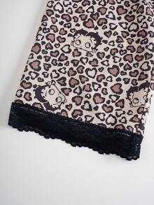 Betty Boop x SHEIN Women's Leopard Print Contrast Lace Long Sleeve Sleepwear Robe, - Brown - View 5