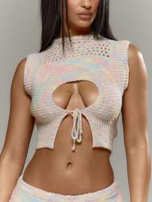 MUSERA 針織挖空露背短版上衣微短熱褲套裝 春夏度假伊比薩音樂節 Y2K 迷幻風 - 彩色 - 查看 2