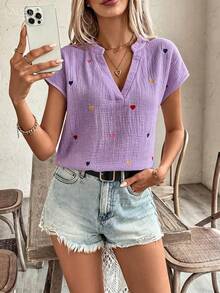 Breezaya 女款紋理愛心刺繡休閒度假襯衫 - 淡紫色 - 查看 5