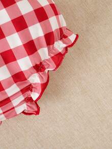 SHEIN 3pcs Baby Summer Red Plaid Romper Set: Ribbed Cap Sleeve Blouse With Bow + Ruffle Trim Bloomers + Headband - Red - View 9