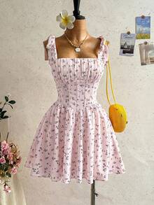 Soleia Váy mini công chúa dáng chữ A buộc dây mới đi du lịch, phong cách Bohemian, Boho, hoa lãng mạn, đi tiệc, hẹn hò, Valentine, Lễ Phục sinh, Carnival, trà chiều, đi biển, du thuyền, dạo phố ngày lễ - Màu Hồng baby - Xem 4