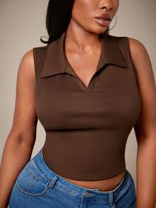 Radiana Plus Size Women's Basic Sleeveless Collared Sleeveless V-Neck Casual Top,Suitable For Leisure,Daily Wear,Versatile,Cleavage Top - Brown - View 1