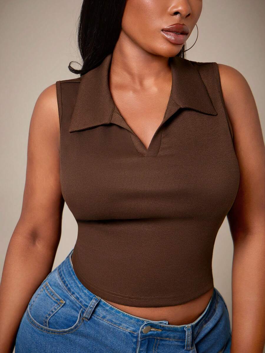 Radiana Plus Size Women's Basic Sleeveless Collared Sleeveless V-Neck Casual Top,Suitable For Leisure,Daily Wear,Versatile,Cleavage Top - Brown - View 1