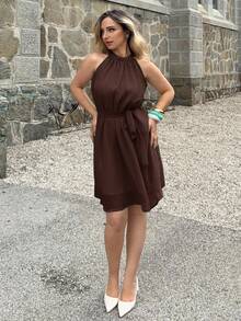 Jeta Ari Women Sleeveless Solid Color Halter Dress, Fashionable For Summer,Boho Clothes Women Elegant Party - Coffee - View 1