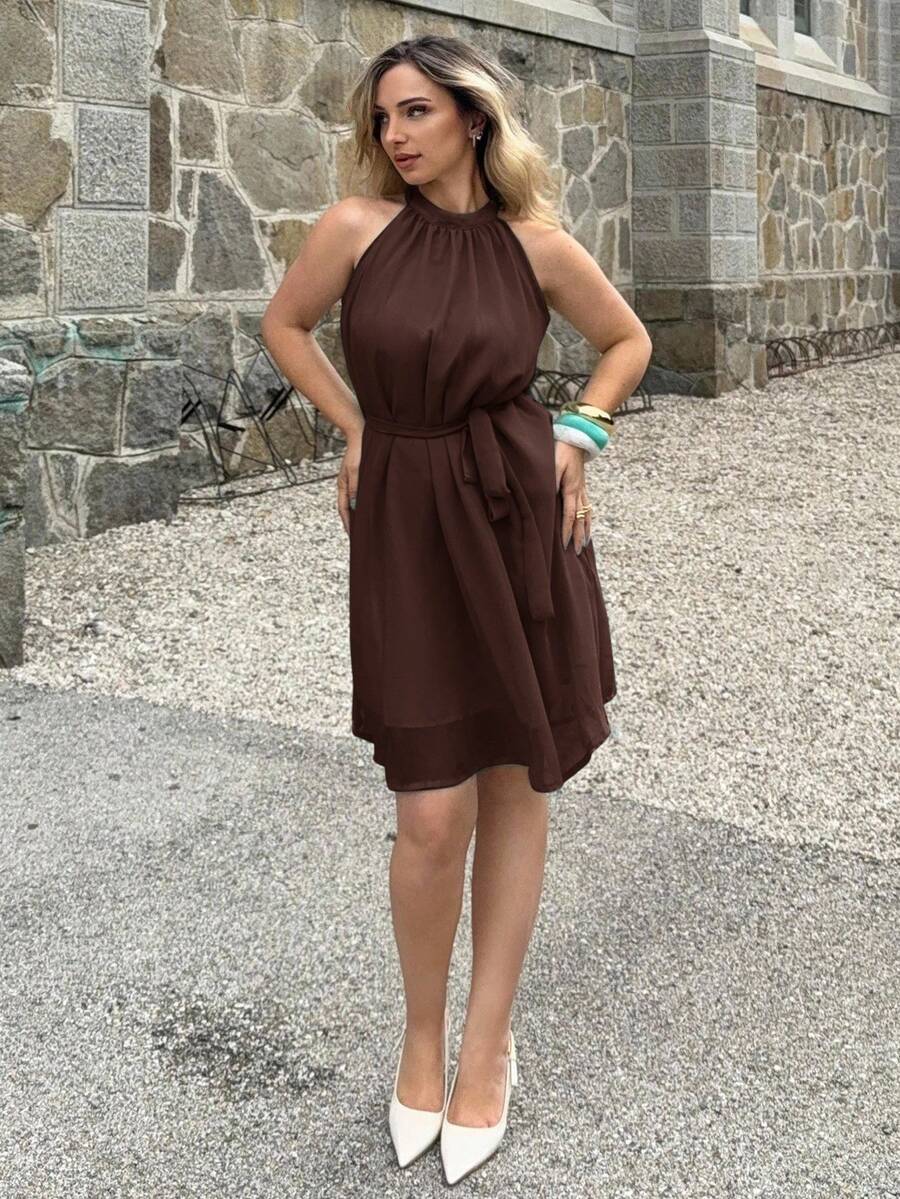 Jeta Ari Women Sleeveless Solid Color Halter Dress, Fashionable For Summer,Boho Clothes Women Elegant Party - Coffee - View 1