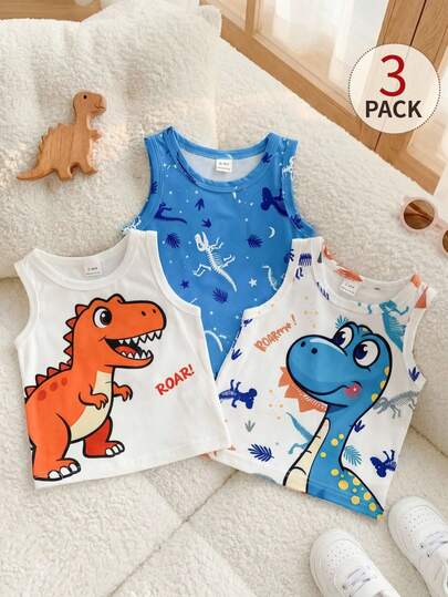 SHEIN Playful Pals Bộ 3 món áo vest cổ tròn họa tiết khủng long cho bé, thích hợp mặc mùa hè.