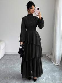 Elenzga Women's Solid Color Sheer Chiffon Lined High Collar Voluminous Pleated Vintage Waist Cinched Adjustable A-Line Cascading Ruffle Asymmetric Hem Lantern Sleeve Mauve Long Dress, Elegant French Vintage Chic Minimalist Versatile, Suitable For Autumn/Winter, Halloween, Christmas, Thanksgiving, Afternoon Tea, Party, Office, Family Gathering - Black - View 8
