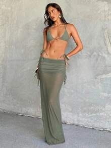 Aloruh 女款三件式比基尼套裝，性感優雅浪漫復古軍綠色、栗色酒紅色配金屬裝飾，迷你三角杯掛脖上衣、迷你丁字褲底褲、超長圍裙，女款度假海灘比基尼泳衣套裝 - 軍綠色 - 查看 3