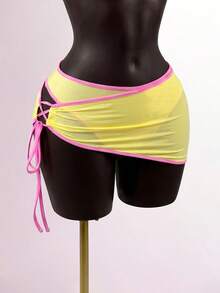 SaltGleam SaltGleam 2pcs/Set Sexy Contrast Color Spaghetti Strap Tie Side Asymmetrical Hem Skirt Set - Yellow - View 5