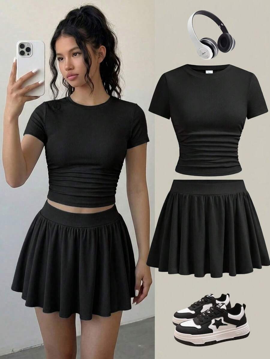 SHEIN Girlism 2件/套夏季青少年女孩修身T恤與迷你裙套裝,黑色純色短袖T恤與防走光迷你裙套裝,百搭日常、優雅、派對、約會、家庭聚會、畢業、度假穿搭 - 黑色 - 查看 1