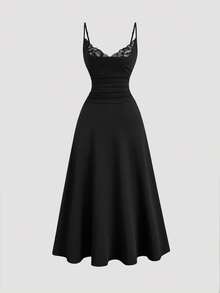 Sweetra Vestido midi de mujer de unicolor con tirantes de espagueti, parches de encaje y sin mangas, moda de verano - Negro - Ver 1
