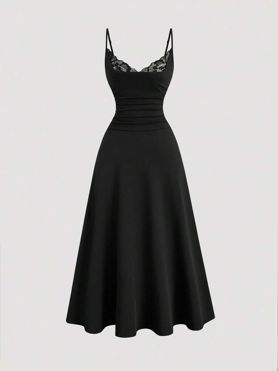Sweetra Vestido midi de mujer de unicolor con tirantes de espagueti, parches de encaje y sin mangas, moda de verano - Negro - Ver 1