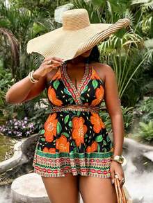 Slaydiva Traje de baño de 2 piezas con estampado floral naranja para mujer de talla grande, nueva llegada 2026, vacaciones de moda y uso casual diario, bikini triangular de cintura alta estilizante, vestido de baño modesto con cruce y lazo en el cuello - Negro - Ver 4