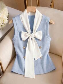 Qadelle Áo tank top dệt kim màu xanh dương hở vai thời trang dành cho nữ, có chi tiết nơ và viền áo thông thường, áo tank top nữ màu xanh nhạt. - Màu xanh lam - Xem 3