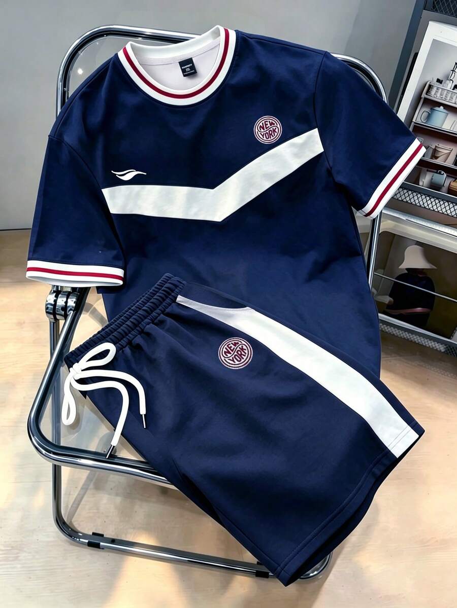 Manfinity Hypemode 大尺碼男士夏季休閒套裝,撞色運動短袖兩件套,時尚運動休閒兩件套,度假款 - 彩色 - 查看 1