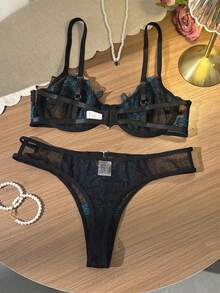 Divavoom 2pcs Women Floral Embroidery Mesh Lingerie Set - Teal Blue - View 5