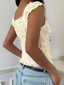 CovetEZ Women's Casual Yellow Floral Ruffle Trim Single-Breasted Shirt,Summer Top - Yellow - View 2