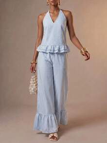 Zivah New Summer Casual Coastal Commuting Loose-Fitting Blue And White Striped V-Neck Halter Neck Tie Ruffled Tank Top + Wide-Leg Pant Two Pieces Set Beach - Blue and White - View 9