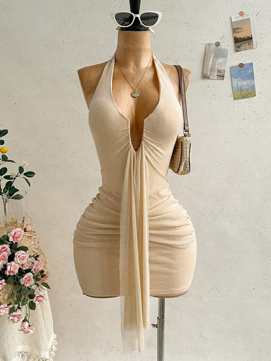 Soleia 女士休闲度假性感V领系带露背蝴蝶结裹身褶皱迷你连衣裙,适合海滩、邮轮等场合。 - 香檳色 - 查看 1