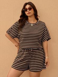 Elaquor Summer New Striped T-Shirt And Shorts Plus Size 2pcs Set - Coffee Brown - View 7