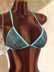 Amplova Women's Sexy Tropical Lace Overlay Swimwear Set, Fashionable For Vacation Bathing Suits Beach Party Brown Stripe Chocolate Summer Turquoise - Blue - View 9