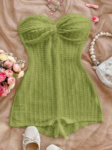 SHEIN PETITE CURVE 大码女式夏季海滩度假风简约纯色纹理面料扭结前襟抹胸连体衣 - 綠色 - 查看 4