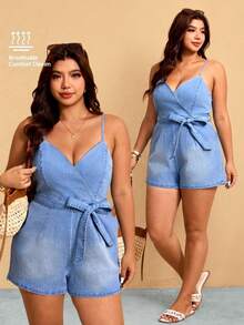 Elaquor Plus Size Women's Light Blue Summer Denim Romper,Smart Casual V-Neck Strapless Tie-Waist Jumpsuit,Vacation Breathable Cotton Cropped Denim Outfits - Blue - View 8