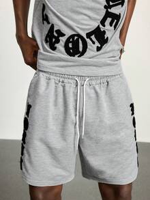 ROMWE MEN Street Life Men's Casual Fashion Street Daily Commute Letter Embroidered Dropped Shoulder Loose T-Shirt And Drawstring Waist Shorts Set, Summer - Grey - View 7