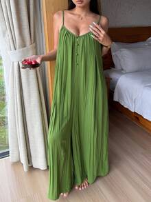 Livesso Women's Solid Color Pleated Summer Casual Camisole Jumpsuit Loungewear Pajamas - Green - View 8