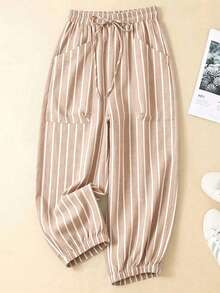 Pantalones casuales sencillos de bolsillo con lazo al frente de unicolor en talla grande, uso casual diario - Caqui - Ver 3