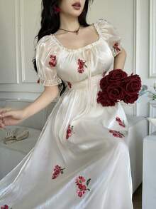 Celisse Women's Floral Trim Square Neck Puff Sleeve Tie Waist Bow Elegant Cottagecore Dress Tea Party White Summer - Apricot - View 5