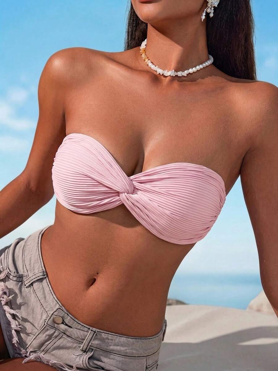 Swim Mod Women's Solid Color Twist Bandeau Swimwear Top - Pink - View 1