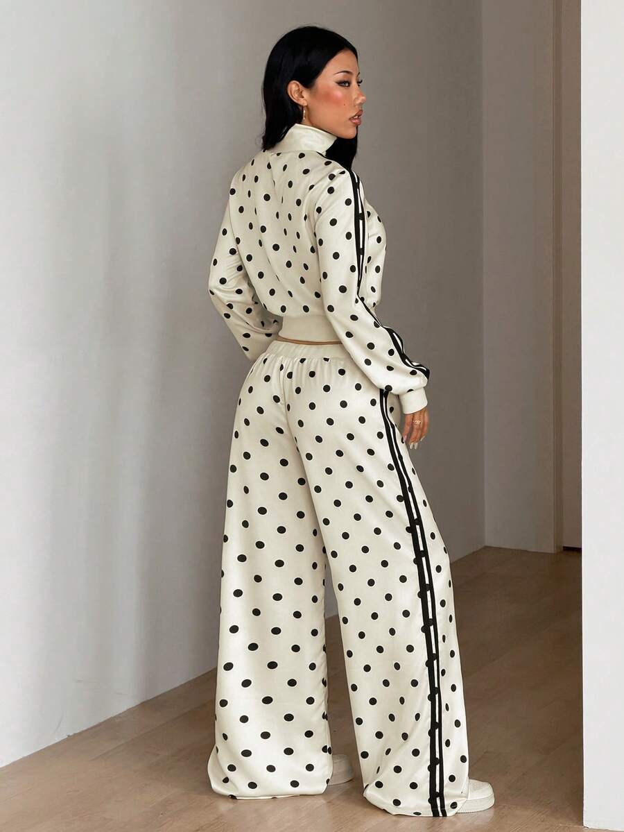 SHEIN ICON Women's Satin Sweet Fashion Polka Dot & Striped Print Drawstring Waist Loose Pants - Beige - View 1